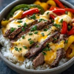 Philly cheesesteak rice bowl Recipe 7 Grilled steak rice bowl with melted cheese and bell peppers