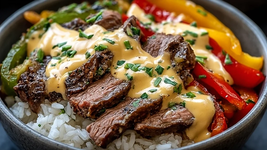 Cheesesteak Rice Bowl with steak, peppers, and cheese