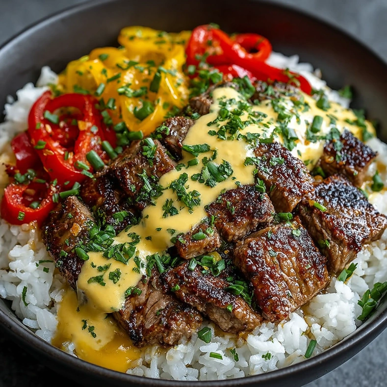 Philly cheesesteak rice bowl Recipe 6 Philly cheesesteak rice bowl with sliced steak, peppers, and melted cheese