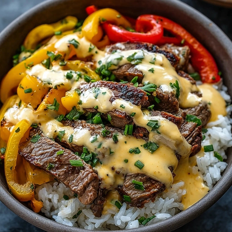 Philly cheesesteak rice bowl Recipe 10 Philly Cheesesteak Rice Bowl served with melted cheese