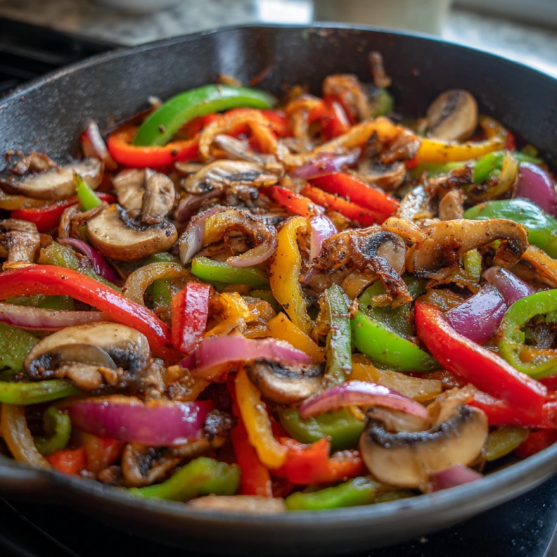 Philly cheesesteak rice bowl Recipe 9 Sautéing peppers and onions for Philly Cheesesteak Rice Bowl